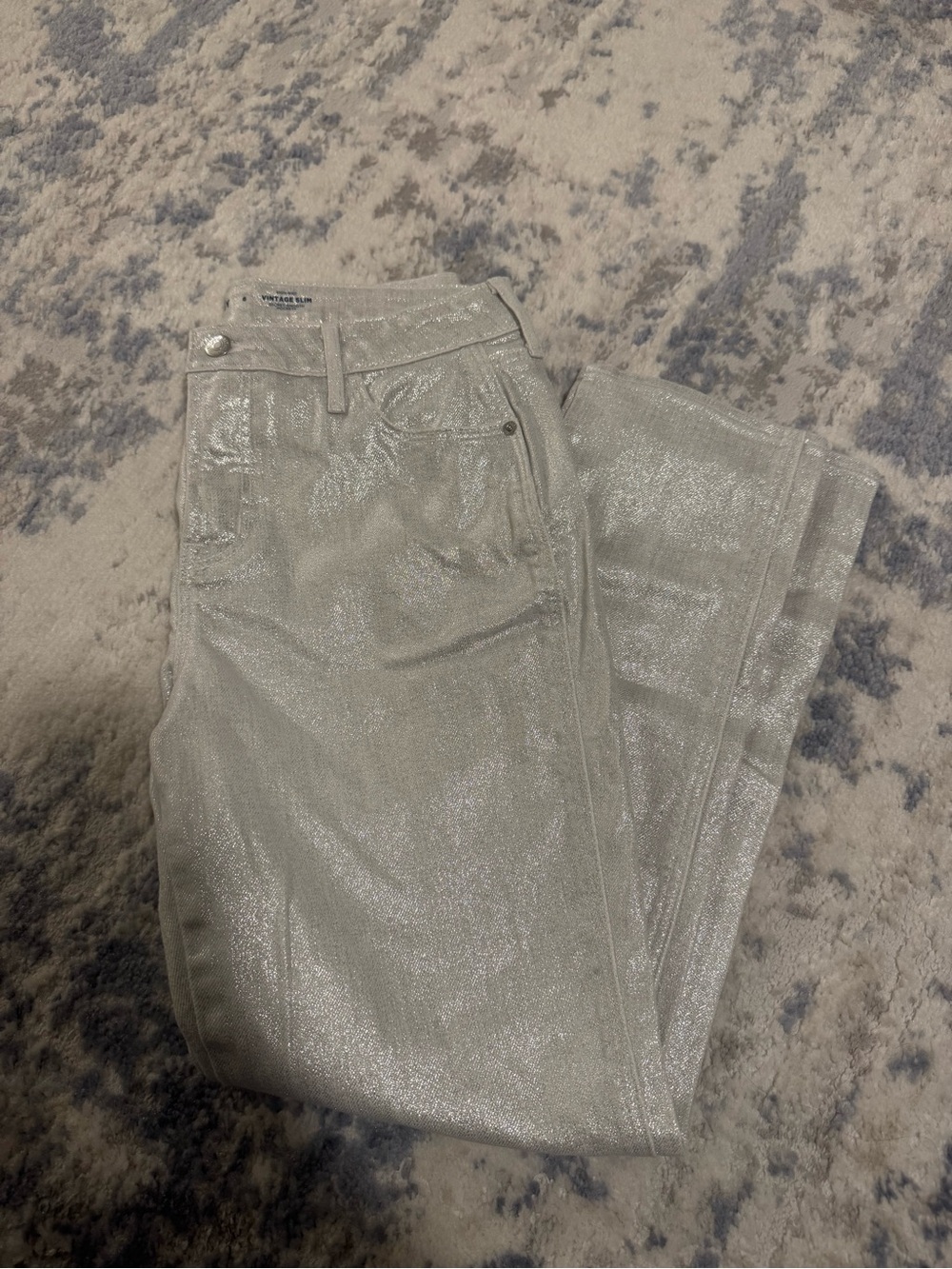 Shimmery Silver High-Waist Straight Leg Jeans